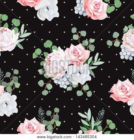 Black pattern with bouquets of rose peony anemone brunia flowers and eucaliptis leaves. Seamless vector print and polka dots backdrop.