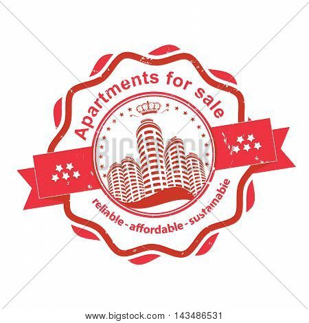 Apartments for sale - reliable, affordable, sustainable - bi-color grunge stamp / ribbon / sticker for real estate agencies. Print colors used. Grunge layer is applied exactly on the colored stamp.