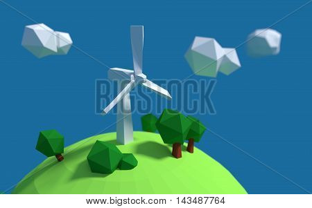White wind turbine generator on the earth with good ecology low-poly 3d rendered