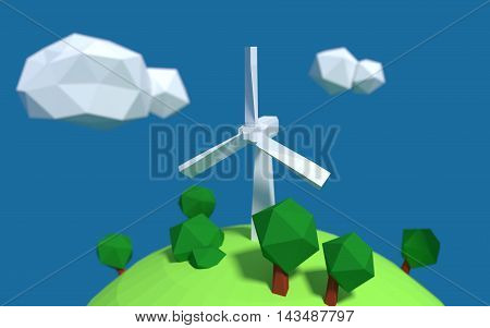 White wind turbine generator on the earth with good ecology low-poly 3d rendered