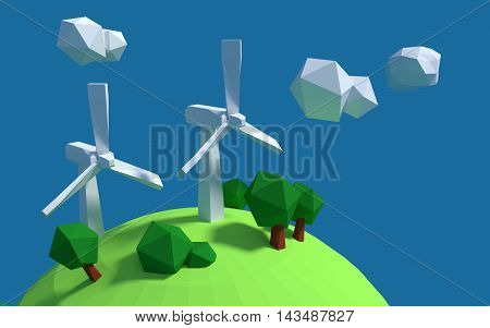 Two white wind turbine generator on the earth with good ecology low-poly 3d rendered