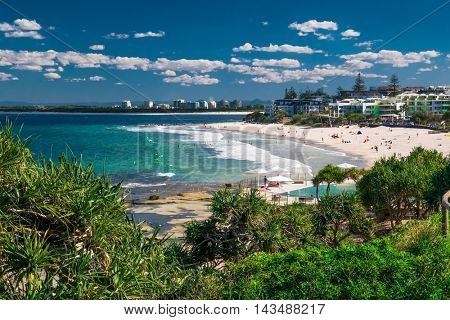 CALOUNDRA, AUS - AUG 13 2016: Hot sunny day at Kings Beach Calundra, Queensland, Australia