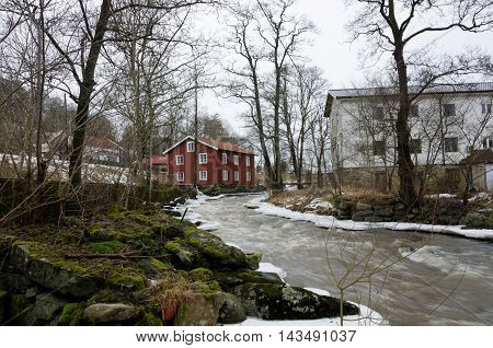 Kungsbacka river with cold water one grey day in early spring