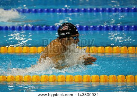 RIO DE JANEIRO, BRAZIL - AUGUST 13, 2016:Olympic champion Cody Miller of United States competes at the Men's 4x100m medley relay of the Rio 2016 Olympic Games at the Olympic Aquatics Stadium