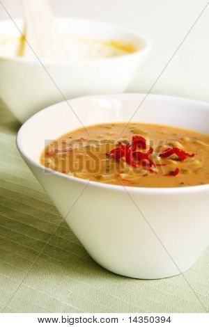 叻沙在淡绿色的桌布上时尚白色碗中的汤。