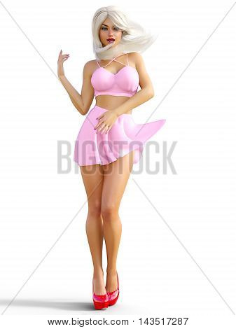 Sexy glamorous girl pink skirt and red platform shoes. Blonde bright makeup. Young beautiful woman in studio. Girl standing in candid provocative pose. Photorealistic 3D render illustration. Isolate.