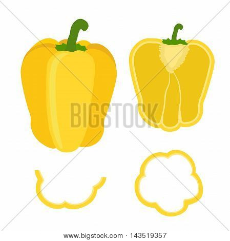 Set of sliced yellow bell pepper. Rings, half and quarter of pepper in flat vector style.
