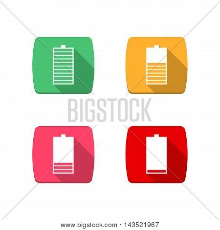Set of four square icons battery charge level low medium full. Flat style with a long diagonal shadow vertical arrangement in power supply components. Isolated on white background stock vector.