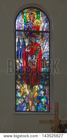 Komancza Poland - July 20 2016: Stained glass in the chapel of the convent of the Sisters of Nazareth in Komancza. From 1955 to 1956 the monastery was interned Cardinal Stefan Wyszynski