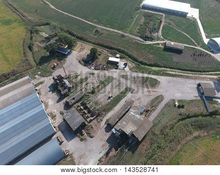 Top view of the hangars. Hangar of galvanized metal sheets for the storage of agricultural products and storage equipment.