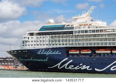 Southampton/UK. 21st August 2016. Cruise ship Mein Schiff 1 moored up in Southampton prior to an afternoon cruise to Europe.