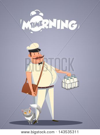 Daily Morning Life. Milkman and cat. Vector illustration