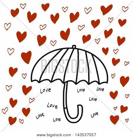 Umbrella and heart rain cartoon illustration on white background