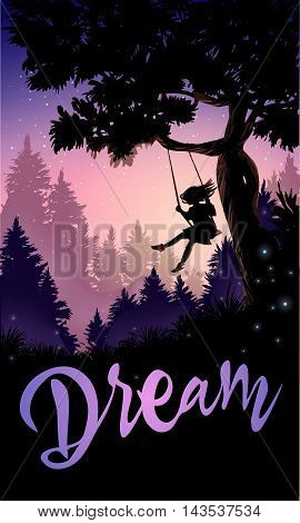 Inspirational romantic poster. Girl on a tree swing. Vector illustration