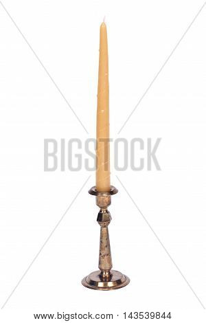 Pure beeswax candle in vintage candle holder separated on white background