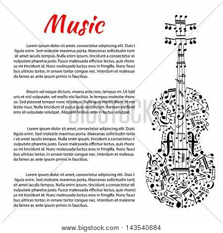 Classic music poster with violin silhouette created of musical notes, treble and bass clefs with strings in a shape of stave, tuning pegs as rests and sound posts as forte symbols. Music theme design