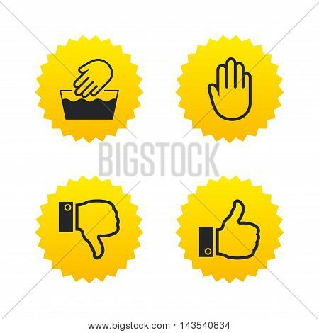 Hand icons. Like and dislike thumb up symbols. Not machine washable sign. Stop no entry. Yellow stars labels with flat icons. Vector