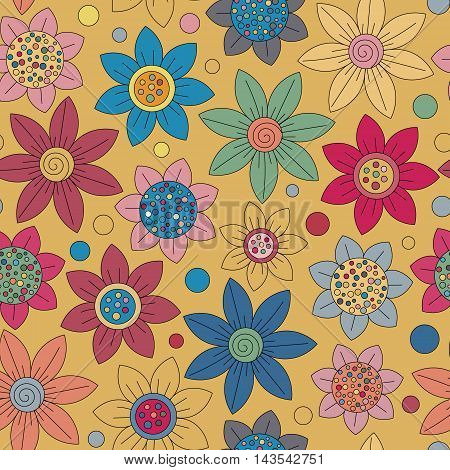 Floral seamless cute pattern simple design. Primitive flowers seamless ornament. Bright flowers on beige background. Vector illustration