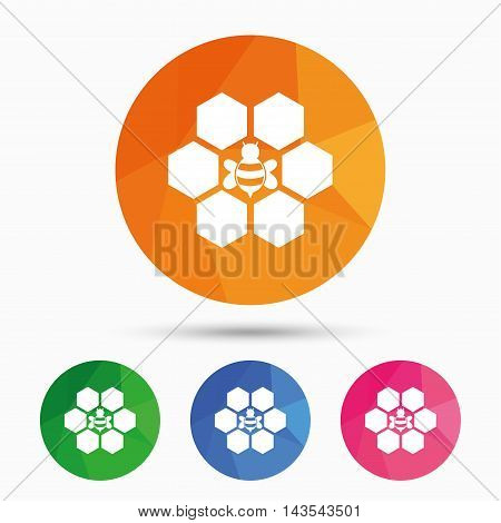 Honeycomb with bee sign icon. Honey cells symbol. Sweet natural food. Triangular low poly button with flat icon. Vector