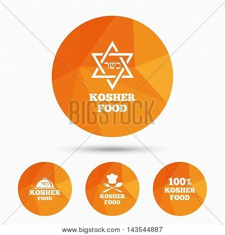 Kosher food product icons. Chef hat with fork and spoon sign. Star of David. Natural food symbols. Triangular low poly buttons with shadow. Vector