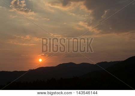 scenic view of sunset mountains at Peneda Geres National Park in northern Portugal.