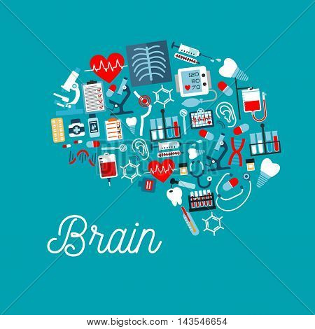 Medical icons in a shape of human brain with pills, syringes, thermometers, stethoscopes, hearts, blood bags, teeth, dentistry tools, microscopes, DNA, chest x-ray, ecg and medical checkup forms