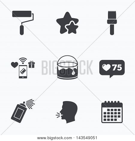 Painting roller, brush icons. Spray can and Bucket of paint signs. Wall repair tool and painting symbol. Flat talking head, calendar icons. Stars, like counter icons. Vector