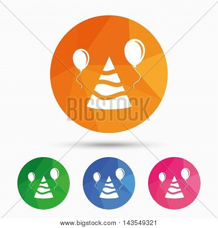 Party hat sign icon. Birthday celebration symbol. Air balloon with rope. Triangular low poly button with flat icon. Vector