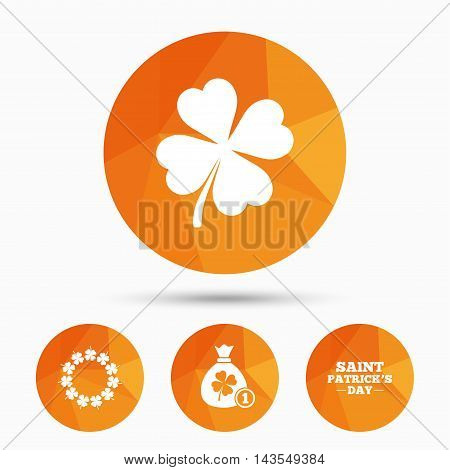 Saint Patrick day icons. Money bag with coin and clover sign. Wreath of quatrefoil clovers. Symbol of good luck. Triangular low poly buttons with shadow. Vector