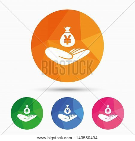 Money insurance sign. Hand holds cash bag in Yen symbol. Triangular low poly button with flat icon. Vector
