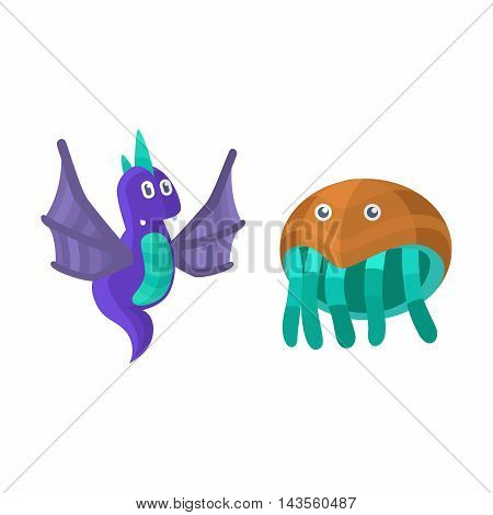Fantasy monster color grunge character funny design element. Humour emoticon fantasy monsters unique expression sticker isolated. Alien sticker vector fantasy monsters paint crazy animals.
