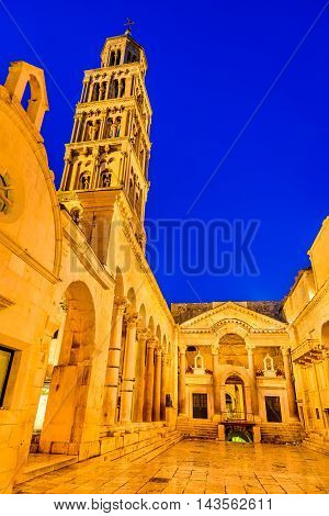 Split Croatia. Diocletian Palace peristyle in front of Cathedral of Saint Domnius bell tower.