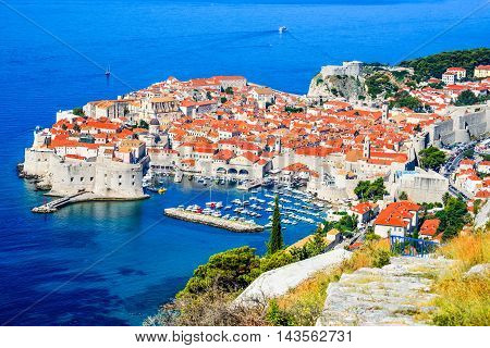 Dubrovnik Croatia. Picturesque view on the old town (medieval Ragusa) and Dalmatian Coast of Adriatic Sea.
