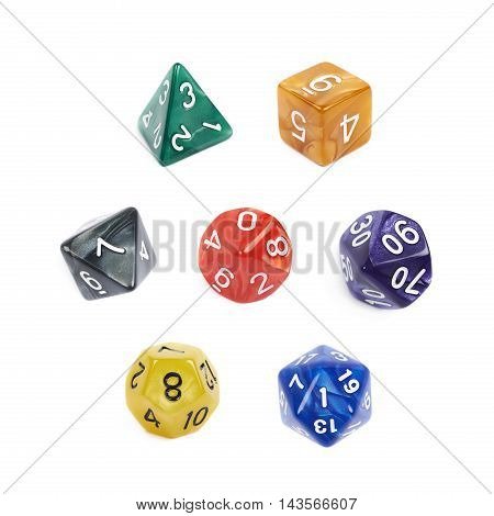 Set of multiple colorful roleplaying polyhedral dices isolated over the white background