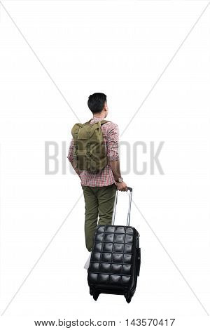 Full Portrait Of Smiling Happy Man With Grey Suitcase - Isolated On White