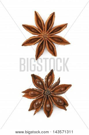 Single Chinese star anise seed isolated over the white background, set of two different foreshortenings