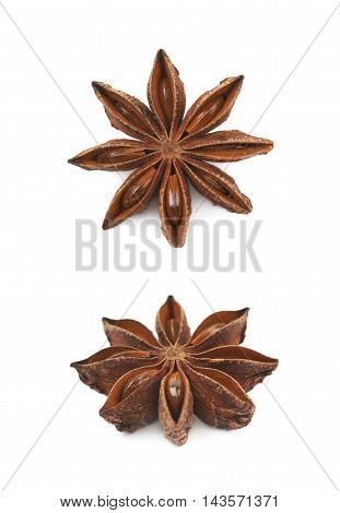 Single Chinese star anise seed isolated over the white background, set of two different foreshortenings