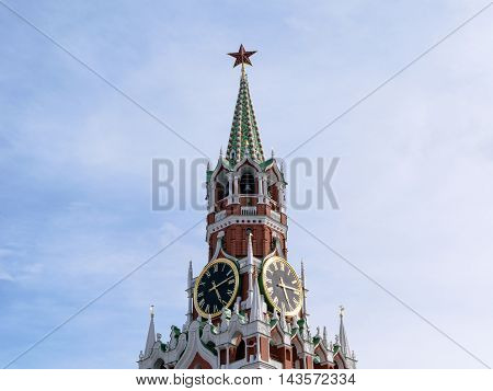 Moscow, Russia - July 07, 2016: Chimes and Courant (huge clock) on the Spassky Tower of Kremlin