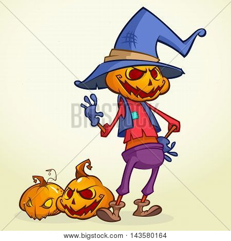 Cartoon pumpkin scarecrow. Halloween vector illustration of a happy scarecrow waving. Vector isolated on white