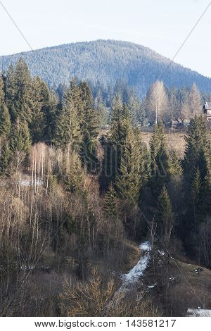 Landscape in the Black Forest; panoramic view over forests mountains and valleys up to the plain at the horizon; in the Murgtal municipalities and little towns
