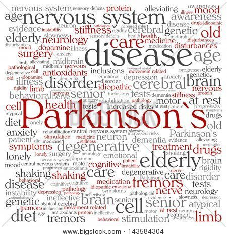 Vector concept conceptual Parkinson`s disease healthcare or nervous system disorder abstract square word cloud isolated on background