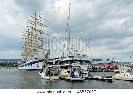 VARNA BULGARIA - 22th May 2016: Five-masted Royal Clippers sailing ship owned by Star Clippers at the passenger terminal docks of the harbor.