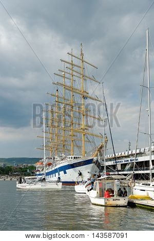 VARNA BULGARIA - 22th May 2016: Five-masted Royal Clippers sailing ship owned by Star Clippers at the passenger terminal docks of the harbor.