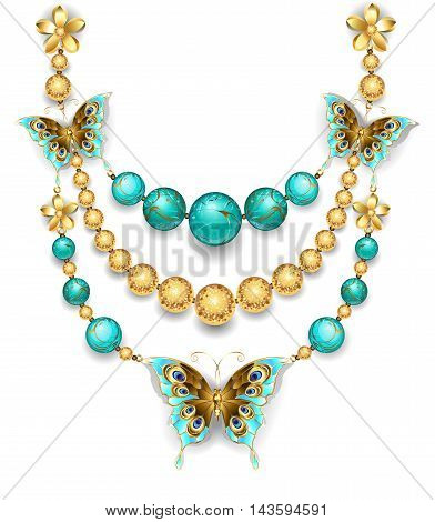 necklace of gold butterflies gold and turquoise beads on a white background. Design jewelry.
