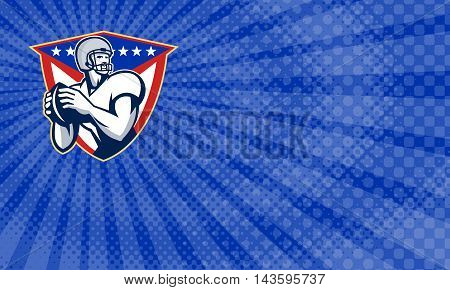 Business card showing Illustration of an american football gridiron quarterback player throwing ball facing side set inside crest shield with stars and stripes flag done in retro style.