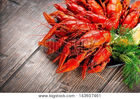 Crayfish. Red boiled crawfish on a wooden table in rustic style, close-up, selective focus. Lobster closeup