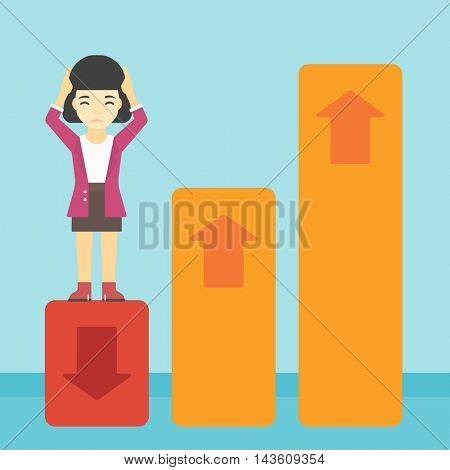 An asian business woman clutching her head. Bankrupt standing on chart going down. Concept of business bankruptcy. Vector flat design illustration. Square layout.