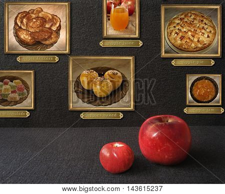 Apples family is viewing the paintings. Dishes made from apples are shown in these pictures. Life after death.
