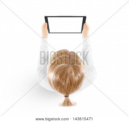 Woman hold tablet pc mockup in hand top view isolated on white. Black mobile ebook mock up holding in female hands from above. Blank tablet screen monitor. Clear horizontal display booklet person