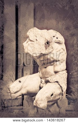 Belvedere Torso in Vatican Museums in Vatican. The ancient statue is a fragment of a nude male statue admired by Michelangelo and Raphael. Modern painting, background illustration.